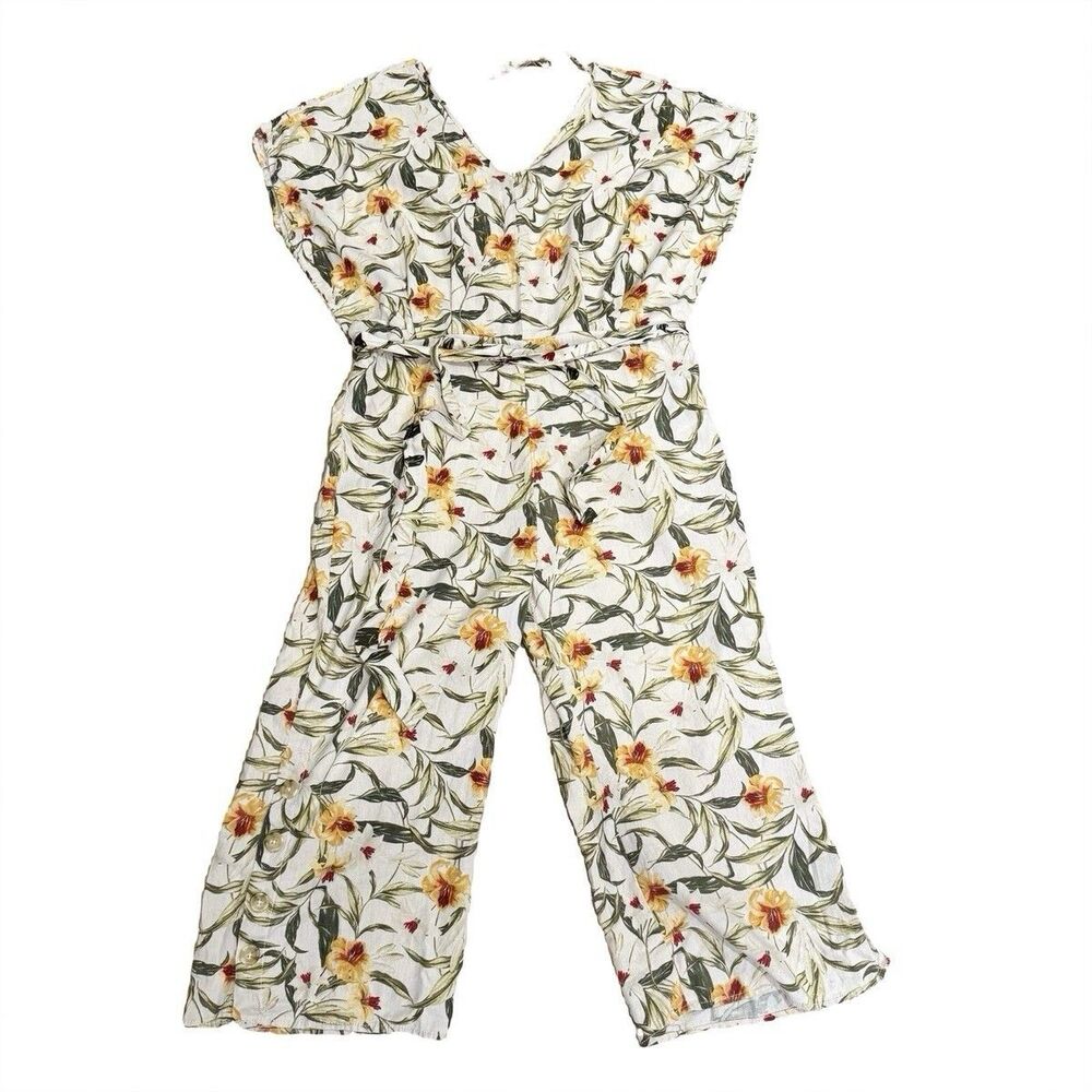 Kensie Jeans Women’s Floral Linen Jumpsuit Size XL Wide Leg Summer Romper MIDI